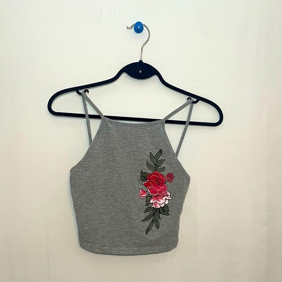 Urban Heritage Halter Mid Crop Top with Floral Detail | Colour: Grey - Picture 2 of 4
